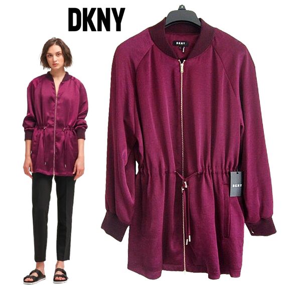DKNY NEW Elongated Velour Peplum Collarless Drawstring Aglets Jacket M - Picture 1 of 12
